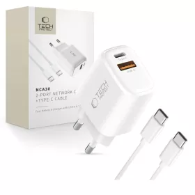   Tech-protect Nca30 2-port Hálózati Töltő Pd 30w / Qc3.0 + Type-c Kábel Fehér