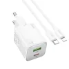 HOCO töltő USB A + Type C + kábel Type C - Lightning PD QC 3A 20W N41 fehér