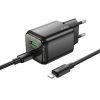 HOCO fali töltő USB A + Type C + Type C - Lightning kábel PD QC3.0 3A 20W N52 fekete