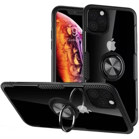  iPhone 12 Pro Max Clear Carbon szénszál mintás tok gyűrű támasszal fekete