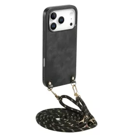   iPhone 17 Pro Max vintage bőrutánzatú, kemény hátlapos tok vállpánttal fekete Alphajack