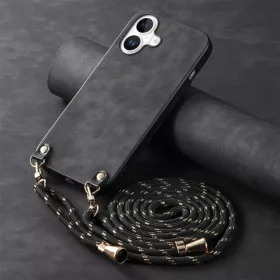   iPhone 17 vintage bőrutánzatú, kemény hátlapos tok vállpánttal fekete Alphajack