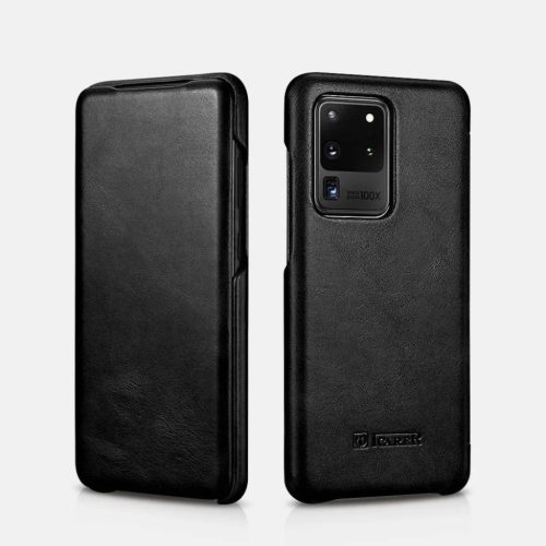 Samsung S20 Ultra iCarer Vintage valódi bőr fliptok mágneses zárral fekete