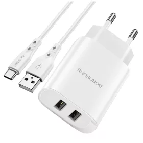   Borofone BN2 Hálózati töltő adapter 2xUSB 2.1A + USB Type-C kábel fehér