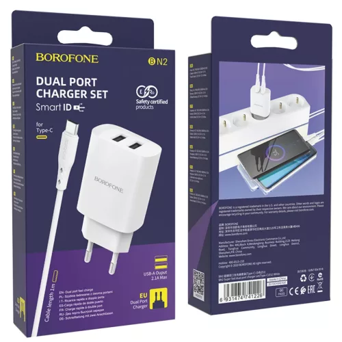 Borofone BN2 Hálózati töltő adapter 2xUSB 2.1A + USB Type-C kábel-6931474741226 4 kép