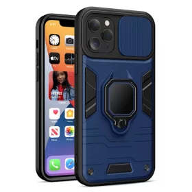   iPhone 13 Pro Ring Lens tok kameralencse védővel és kihajtható támasszal sötétkék