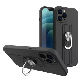   iPhone 13 Pro Ring Szilikon tok kihajtható támasszal fekete