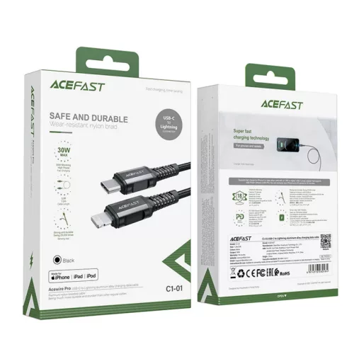 Acefast C1-01 MFI USB Type C - Lightning kábel 1.2m 30W 3A fekete-6974316280484 1 kép
