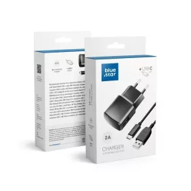   Blue Star Hálózati töltő 2A USB aljzat + USB Type-C kábel fekete