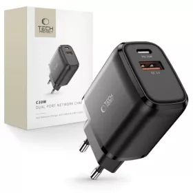   Tech-Protect C20W 2-portos hálózati töltő PD20W/QC3.0 fekete