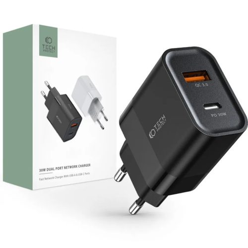 Tech-Protect C30W 2-portos hálózati töltő PD30W/QC3.0 fekete-9589046926808 1 kép