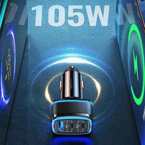 USAMS C24 autós töltő 2xUSB-C + 1xUSB 105W gyorstöltő fekete (US--6958444971506 3 kép