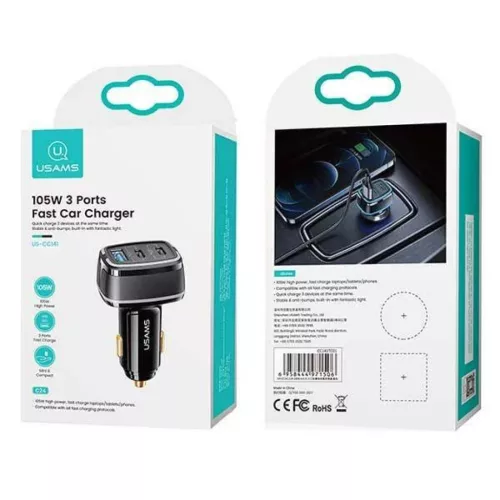 USAMS C24 autós töltő 2xUSB-C + 1xUSB 105W gyorstöltő fekete (US--6958444971506 4 kép