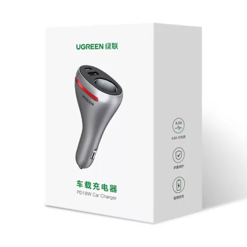 Ugreen autós töltő USB Type C / USB QC PD 24W 12V ezüst (CD204) + -6957303867127 1 kép