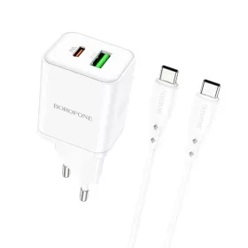   Borofone BN7 hálózati töltő adapter USB+Type C QC 3.0 PD 20W + Type C - Type C kábel fehér