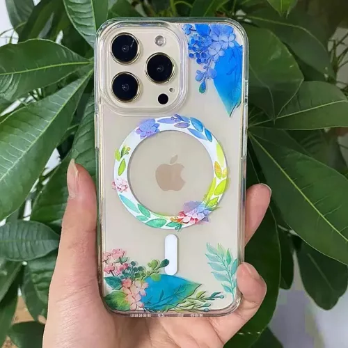 iPhone 14 Plus MagSafe-kompatibilis átlátszó virágmintás tok Alph- 5 kép