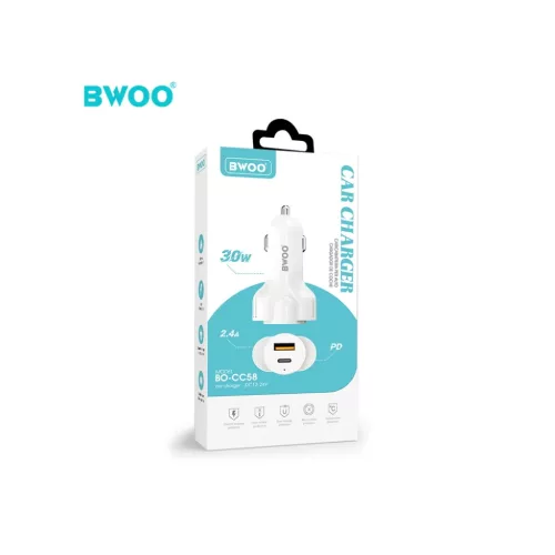 BWOO autós töltő CC58 PD 18W 1x USB-C 1x USB 2.4A fehér-6933654802871 2 kép