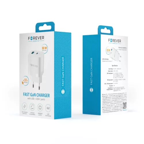 Forever fali töltő adapter GaN PD QC TC-05 1x USB-C + 1x USB 33W feh-5900495978226 3 kép