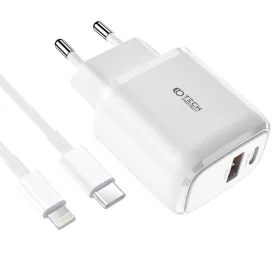   Tech-Protect C20W hálózati töltő adapter PD20W/QC3.0 1x USB-A, 1x USB-C, 1x USB-C - lightning töltőkábel