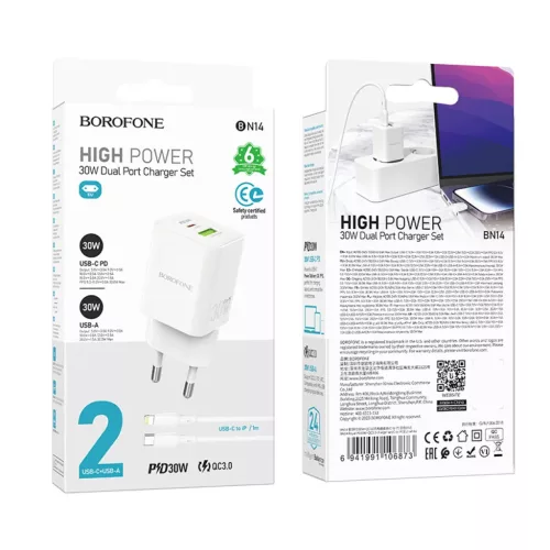 Borofone BN14 Royal GaN USB + Type C hálózati töltő adapter QC 3.0-6941991106873 3 kép