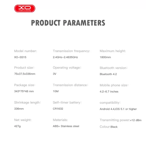 XO selfie bot Bluetooth mobiltelefon állvány SS15 fekete 180cm ​-6920680846634 6 kép