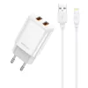 Jellico EU02 hálózati töltő adapter 2.4A 12W 2xUSB + Lightning kábel fehér