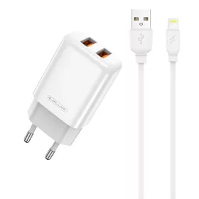   Jellico EU02 hálózati töltő adapter 2.4A 12W 2xUSB + Lightning kábel fehér