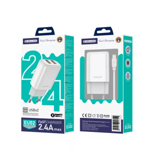 Jellico EU02 hálózati töltő adapter 2.4A 12W 2xUSB + Lightning ká-6974929203252 2 kép