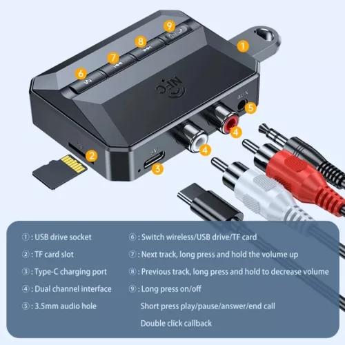 HIGI T59 bluetooth audio adó / vevő AUX 3.5mm adapter + microSD, USB- 2 kép