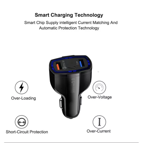 Univerzális szivargyújtós autós töltő 2xUSB és 1x USB Type-C QC- 2 kép