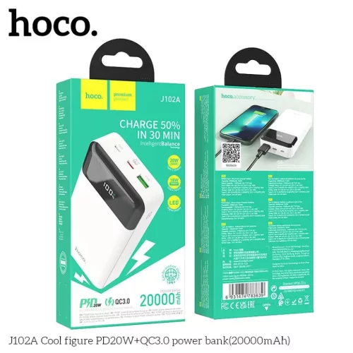 HOCO powerbank 20000 mAh PD QC3.0 3A 20W J102A fehér-6931474783639 6 kép
