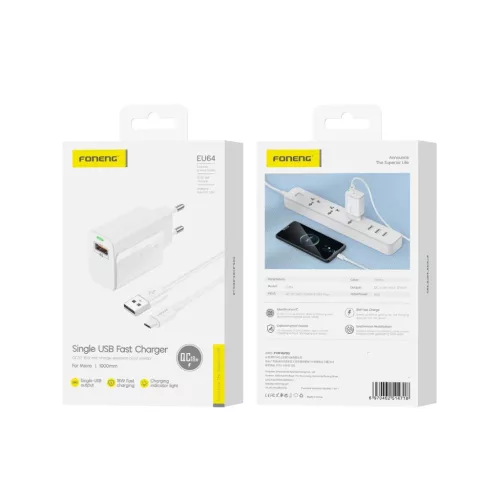 Foneng fali töltő EU64 - USB - 18W USB - Micro USB kábellel fehér-6970462514718 5 kép