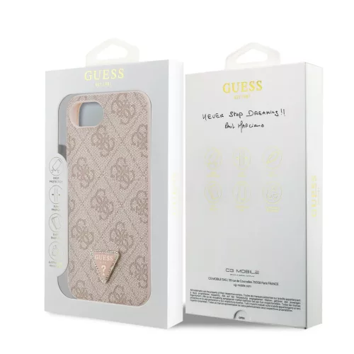  iPhone 16e/17e Pink Guess PU 4G Strass Háromszög Fém Logós Tok-3666339480073 7 kép