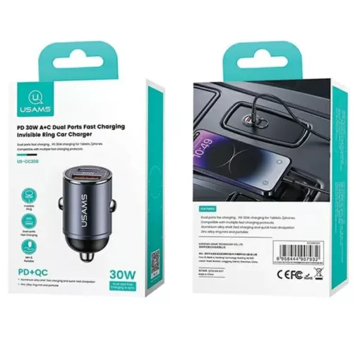 USAMS Autós Töltő 1xUSB+1xUSB-C C38 30WPD Gyors Töltés Beépítet-6958444907949 10 kép