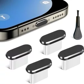   Type-C, Alumínium, Puha Szilikon Techsuit (4 db-os) Anti-Porzáró Dugó Fedél PortShieldX (AD1) Telefon Tisztító Kefével - Fekete/Fehér