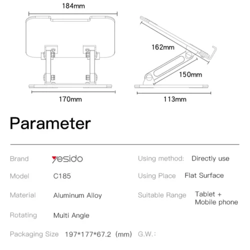 Telefon, Tablet 4.5 - 13" ezüst Yesido - Desk Holder (C185) - összec-6971050269454 6 kép