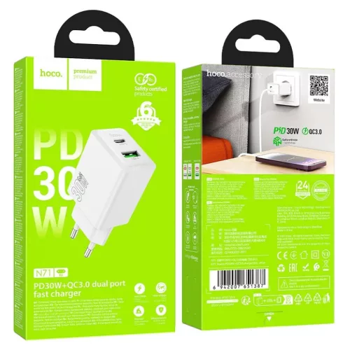 Hoco USB A + USB C QC3.0 PD AFC 3A 30W N71 fehér hálózati töltőad-6942007670920 5 kép