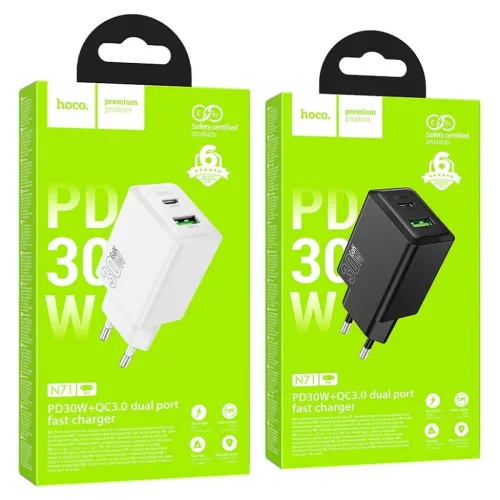 Hoco USB A + USB C QC3.0 PD AFC 3A 30W N71 fehér hálózati töltőad-6942007670920 6 kép