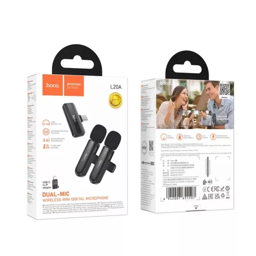 Vezeték nélküli mikrofon Hoco L20A, USB-C / Lightning, 2-Pack, Feke-6942007655507 9 kép