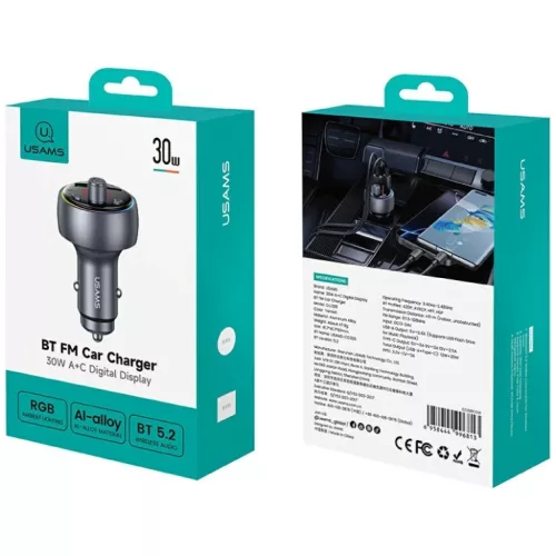 USAMS CC328 30W 1xUSB-A 1xUSB-C Bluetooth FM transmitter töltővel-6958444996813 5 kép