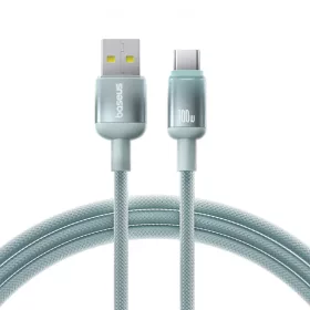   USB to Type-C - Baseus Data Cable Discolor Series (E0420800), Fonott Nylon Kábel, 480Mbps, 100W, 1m - Kék/Zöld