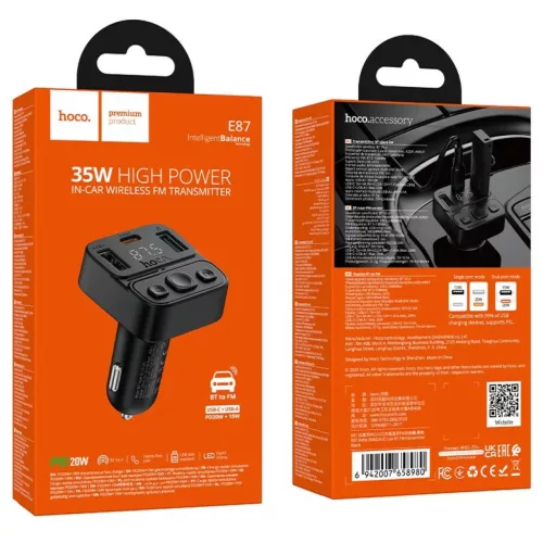 Hoco E87 bluetooth autós adó USB A + USB C QC PD 35W fekete-6942007658980 9 kép