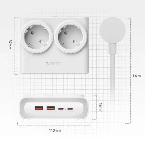 Orico PDC25 25W 6 az 1-ben Hálózati Elosztó 2x AC + 2x USB-A + 2x U-6942227174628 4 kép
