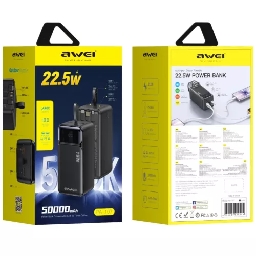 Awei PA-107 50000 mAh 22,5 W PD powerbank, fekete-6954284029544 2 kép