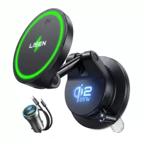   Lisen W608 Pro tapadókorongos autós telefontartó vezeték nélküli töltővel, 25W, Qi2.2, fekete (YL0225090001)