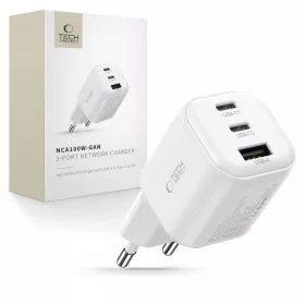 Tech-Protect NCA100W-GaN 100 W-os 3 portos hálózati töltő, fehér-5906302323425 1 kép