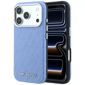    iPhone 18 Pro / 17 Pro kék Karl Lagerfeld szemcsés, teljes felületén logómintás, fém hosszított MagSafe tok