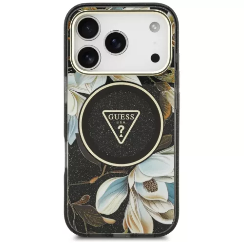  iPhone 18 Pro / 17 Pro fekete Guess IML Glitter Flowers Triangle MagS-3666339681289 3 kép