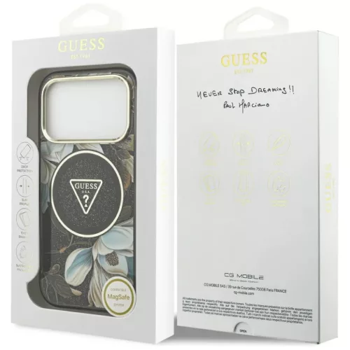  iPhone 18 Pro / 17 Pro fekete Guess IML Glitter Flowers Triangle MagS-3666339681289 8 kép