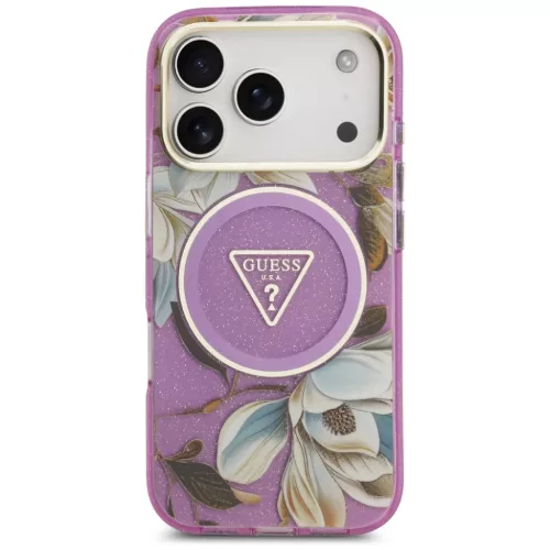  iPhone 18 Pro / 17 Pro lila Guess IML Glitter Flowers Triangle MagSaf-3666339681326 3 kép